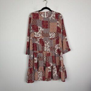 Tullabee Woman’s Multicolored Floral Patchwork Tiered Dress Long Sleeve Size Med